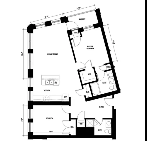 Empire floor plan showcasing 2 bedrooms, 2 bathrooms, spacious living and dining area, and private balcony at Ninety7Fifty on the Park, 1315 square feet.