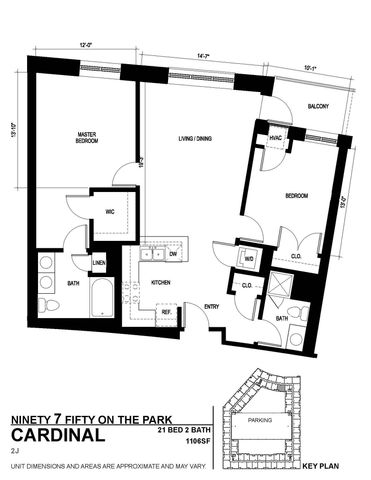 Ninety7 Fifty on the Park\'s Cardinal floor plan showcases a modern 2-bedroom, 2-bath layout with a spacious living/dining area, well-equipped kitchen, and a private balcony, spanning 1106 sq ft.