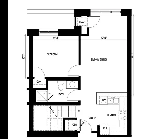 Elegant floor plan of Viking Duplex A featuring a cozy bedroom, modern kitchen, and spacious living/dining area for versatile living at Ninety 7 Fifty on the Park.