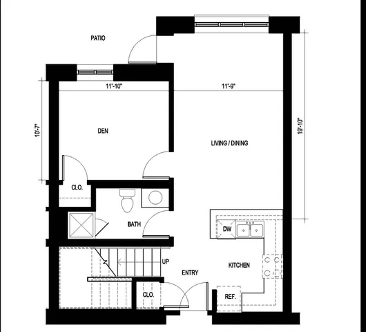 Elegant floor plan of a duplex lower level showcasing 3 bedrooms, spacious living and dining area, modern kitchen, and a cozy den with patio access.