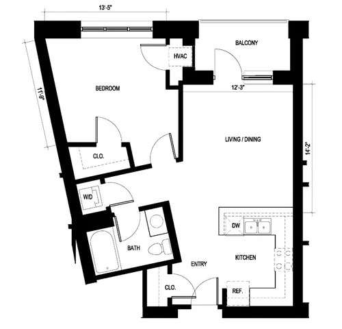 Modern floor plan highlighting 1 bedroom, spacious living/dining area, sleek kitchen, and private balcony.
