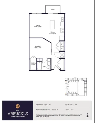 Chic studio apartment floor plan in The Arbuckle, Brownsburg, Indiana featuring an open living area, modern kitchen, and private patio, encompassing a spacious 717 sq ft.