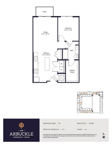 Modern floor plan for The Arbuckle in Brownsburg, Indiana, showcasing a spacious 1 bedroom layout with a patio, open living area, and walk-in closet, spanning 761-861 sq ft.