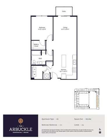 The Arbuckle A3 apartment floor plan in Brownsburg, Indiana, featuring 1 bedroom, walk-in closet, spacious living area, modern kitchen, and patio. Square feet range from 809-839.