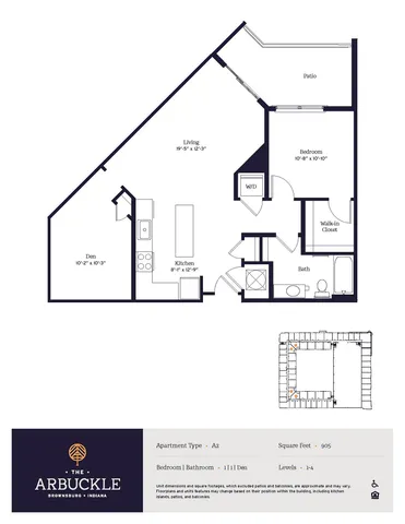Chic A2 floor plan at The Arbuckle with 1 bedroom, 1 bath, cozy den, and patio, covering 905 sq ft.