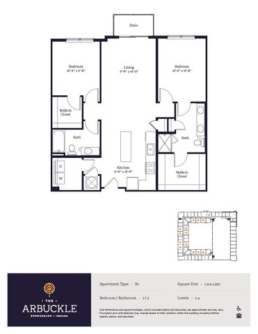 Modern B1 floor plan at The Arbuckle in Brownsburg, Indiana, featuring 2 bedrooms, 2 baths, open kitchen, spacious living area, and private patio, ranging from 1,114 to 1,220 sq ft.