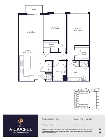 The Arbuckle floor plan B8 featuring 2 spacious bedrooms, 2 elegant bathrooms, an open-concept living area, and a modern kitchen with patio access. Located in Brownsburg, Indiana, offering 1,227-1,287 square feet of stylish living space.