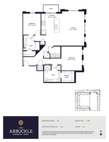 The Arbuckle B4 floor plan featuring 2 spacious bedrooms, 2 modern bathrooms, open-concept living and kitchen area, walk-in closet, and patio, spanning 1,382 sq ft in Brownsburg, Indiana.