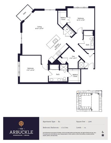 Chic floor plan of The Arbuckle in Brownsburg, Indiana, featuring 2 bedrooms, 2 baths, a den, open-concept living area, kitchen, and a spacious patio, spanning 1,506 sq ft.