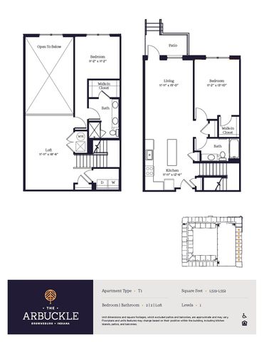 Modern floor plan for The Arbuckle in Brownsburg, Indiana showcasing a two-level, 2-bedroom, 2-bathroom loft with an open living area and walk-in closets, spanning 1,519-1,552 sq ft. Includes a patio and stylish kitchen.