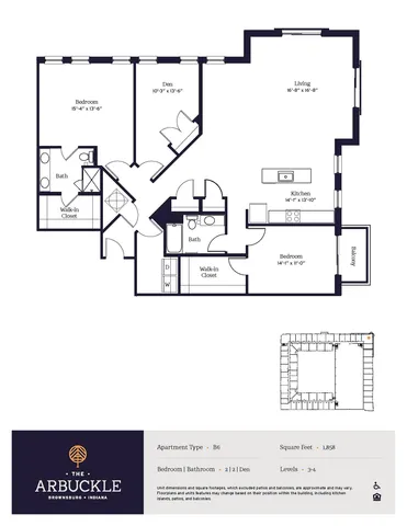 Elegant floor plan for The Arbuckle in Brownsburg, Indiana, featuring 2 bedrooms, 2 bathrooms, a den, and a spacious living area. Includes a modern kitchen and balcony, with a total of 1,858 square feet on levels 3-4.