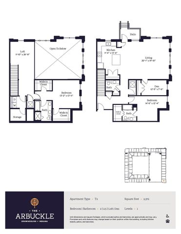 Elegant floor plan at The Arbuckle featuring 2 bedrooms, 2.5 baths, a spacious loft, den, and open-concept living area across 2,372 sq ft in Brownsburg, Indiana.