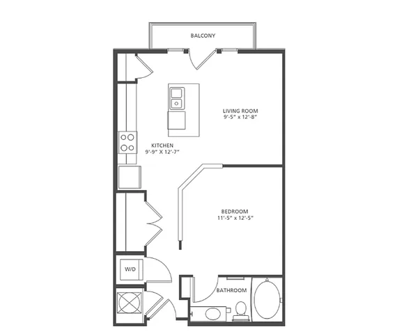 Continuum S1-1 floor plan showcasing a modern studio with 1 bedroom and 1 bath, featuring an open kitchen, cozy living room, and private balcony, spanning 570-613 square feet.