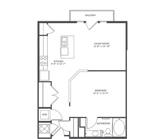 Contemporary floor plan for Spin S1-2 with 751 square feet, featuring 1 bedroom, 1 bath, spacious living room, and modern kitchen with a balcony for stylish living.