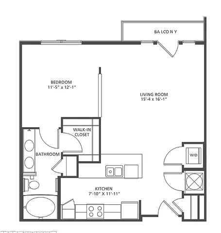 Modern Radius S2-1 & S2-2 floor plan featuring 1 bedroom, 1 bathroom, a welcoming balcony, and an open kitchen layout in 702-723 square feet.