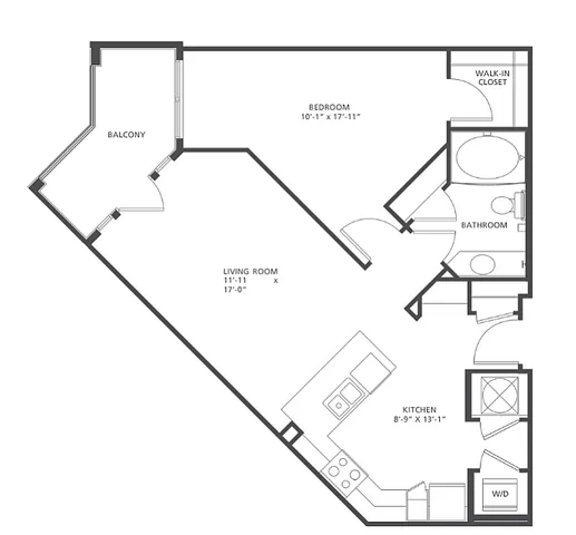 Geometric A1-1 floor plan featuring 1 spacious bedroom, open-concept living room with balcony access, modern kitchen, and a walk-in closet, spanning 741-745 square feet.