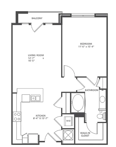 Modern 1-bedroom, 1-bathroom floor plan featuring a spacious living room, elegant kitchen, and private balcony within 746-857 sq ft.
