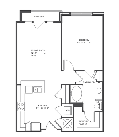 Vector A2 floor plan featuring 1 bedroom, 1 bath, with a spacious living area, kitchen, walk-in closet, and balcony, ranging from 746-857 square feet.