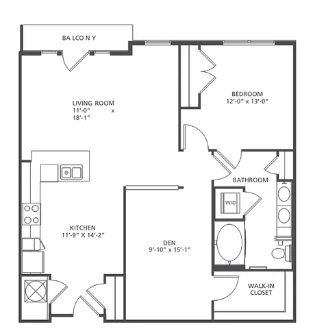Revolution floor plan A9-1, A9-2 & A9-3 featuring 1 bedroom, a spacious den, modern kitchen, and balcony, totaling 1,023 to 1,056 sq ft.