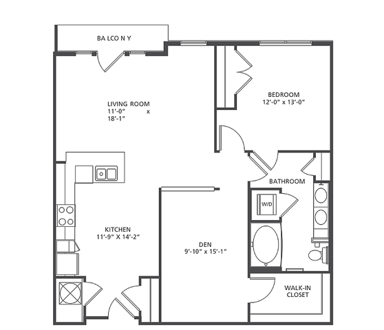 Revolution A9-1 floor plan with 1 bedroom, den, spacious living room, kitchen, bathroom, balcony, and walk-in closet, covering 1,023-1,056 sq ft.