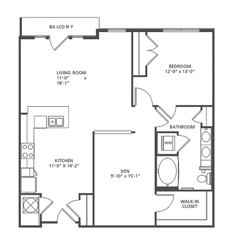 Revolution A9 floor plan with 1 bedroom, a den, a spacious living room, modern kitchen, and a balcony, covering 1,023-1,056 sq ft.