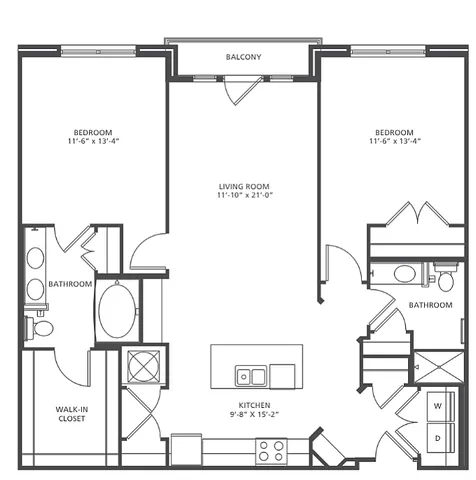 Epicenter floor plan showcasing a spacious layout with 2 bedrooms, 2 baths, and an open living area featuring a modern kitchen. Includes a balcony and walk-in closet, covering between 1,154 to 1,223 square feet.