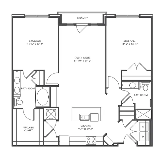 Epicenter floor plan showcasing a modern 2-bedroom, 2-bath apartment with spacious living room, open kitchen, and private balcony, covering 1,154-1,223 square feet.