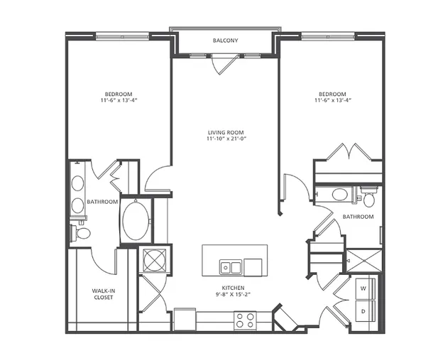 Epicenter floor plan showcasing a spacious 2-bedroom, 2-bath apartment with modern kitchen, open living room, and a private balcony, covering 1154-1223 sq ft.
