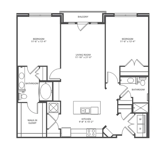Elegant Epicenter floor plan showcasing 2 spacious bedrooms, 2 modern baths, and a stylish open kitchen with living room accessing a balcony. Total area of 1,154-1,223 square feet.