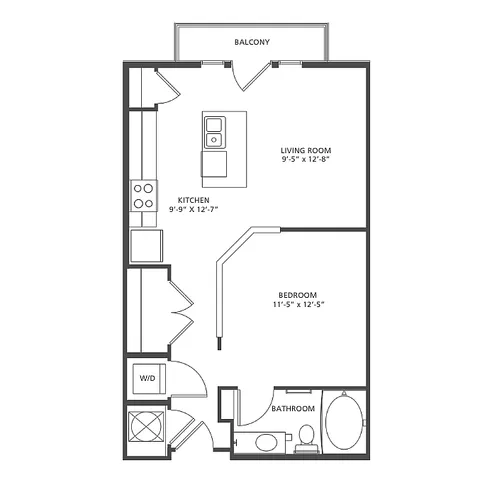 Continuum S1-1 floor plan showcasing a modern studio with 1 bedroom, 1 bath, and an open kitchen-living area attached to a balcony, spanning 570-613 sq ft.