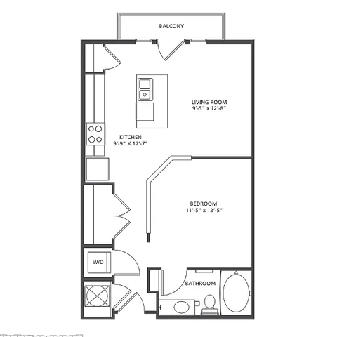 Continuum S1-1 floor plan showcasing a modern studio with 1 bedroom, 1 bath, kitchen, and living room, featuring a balcony, spanning 570-613 square feet.