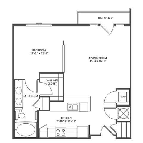 Modern studio apartment floor plan with spacious living area, kitchen, bedroom, bathroom, walk-in closet, and balcony in Radius 702-723 sq ft.