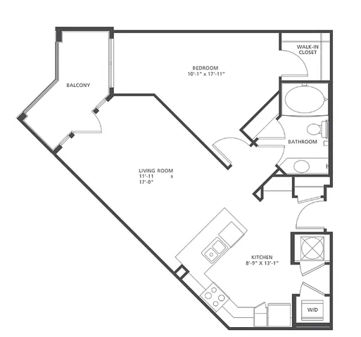Sleek Geometric A1-1 floor plan featuring 1 bedroom, 1 bath, an expansive living room, modern kitchen, and private balcony within 741-745 square feet.