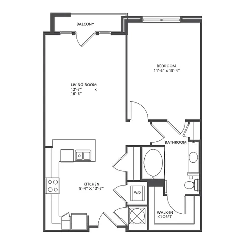 Axis apartment floor plan showcasing a 1 bedroom, 1 bathroom layout with a spacious living room, modern kitchen, walk-in closet, and private balcony. Ideal for cozy living within 746-857 square feet.