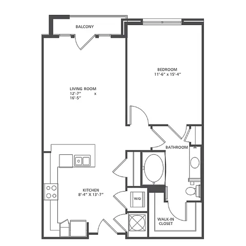 Modern Vector A2 floor plan with 1 bedroom, 1 bath, spacious living room, and balcony. Ranging from 746-857 sq ft, featuring a sleek kitchen and walk-in closet.