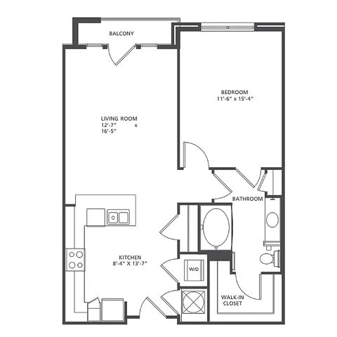 Contemporary floor plan for Vector A2 series showcasing 1 bedroom, 1 bath, open kitchen, and living room leading to a balcony, covering 746-857 square feet.