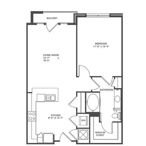 Modern floor plan for Axis Vector A2 series, featuring 1 bedroom, 1 bath, spacious living room, kitchen, and balcony, within 746-857 sq ft.