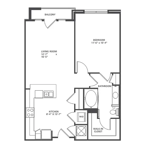 Modern 1-bedroom apartment floor plan, featuring a spacious living room with balcony, well-equipped kitchen, and a large walk-in closet within 746-857 square feet.