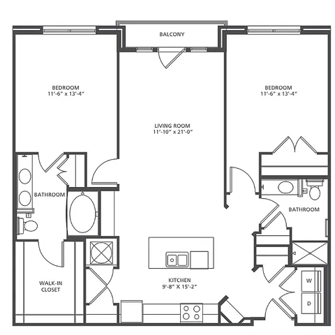 Epicenter apartment floor plan B1-1 featuring 2 bedrooms, 2 bathrooms, an open living room, and a modern kitchen with island, spanning 1,154-1,223 square feet, with balcony access for optimal comfort and style.