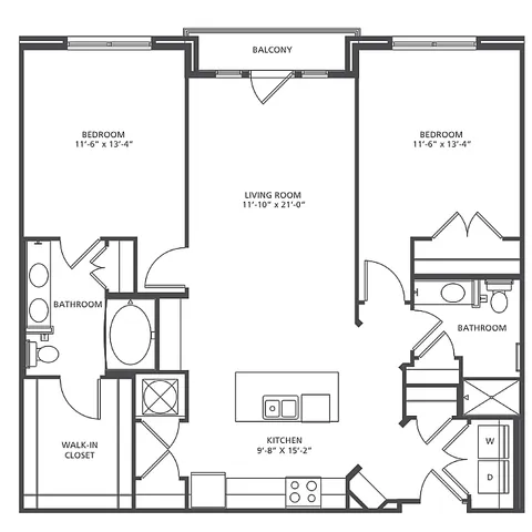 Expansive 2-bedroom, 2-bath floor plan at Epicenter B1-1 with open living space and balcony, 1,154-1,223 sq ft.
