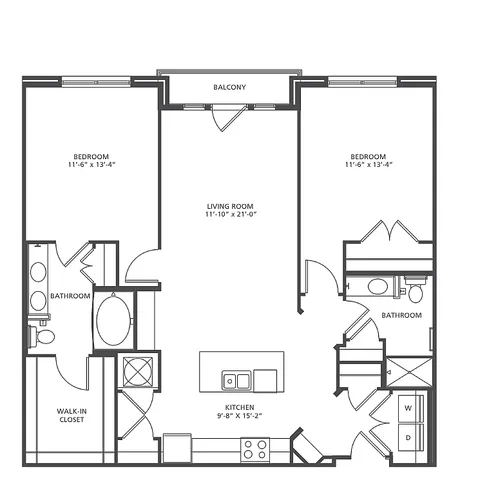Modern Epicenter floor plan showcasing 2 spacious bedrooms, open living room, stylish kitchen, and balcony, 1,154-1,223 sq ft of luxurious California living.