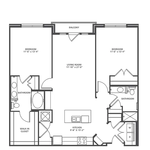 Epicenter floor plan boasting 2 spacious bedrooms, 2 bathrooms, an open living room, modern kitchen, and balcony, covering 1,154-1,223 square feet.