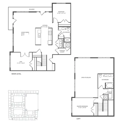 Symmetry B2-1L floor plan showcasing 1,829 square feet with 2 bedrooms, 2 baths, a loft, and a den. Includes a spacious open-concept living room, kitchen, and balcony.