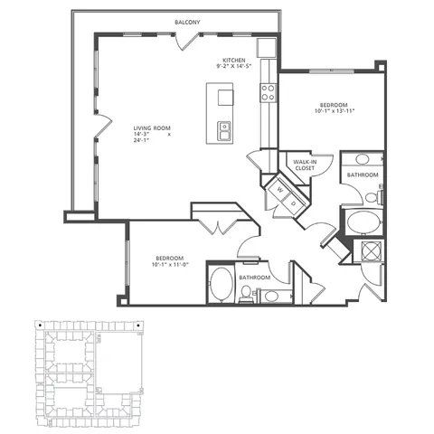 Viewpoint B4-1 floor plan showcasing a spacious 2-bedroom, 2-bath apartment with open-concept living and kitchen area, walk-in closet, and balcony, totaling 1,282-1,334 square feet.