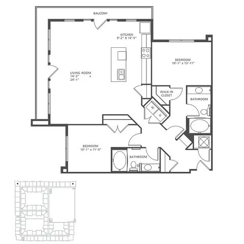 Modern floor plan depicting Viewpoint B4-1 with 2 bedrooms, 2 bathrooms, and an open kitchen living area, 1,282-1,334 sq ft, featuring a balcony and walk-in closet.