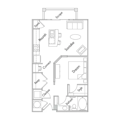 Inviting floor plan with an open living area, stylish kitchen, cozy bedroom, and a relaxing escape space.