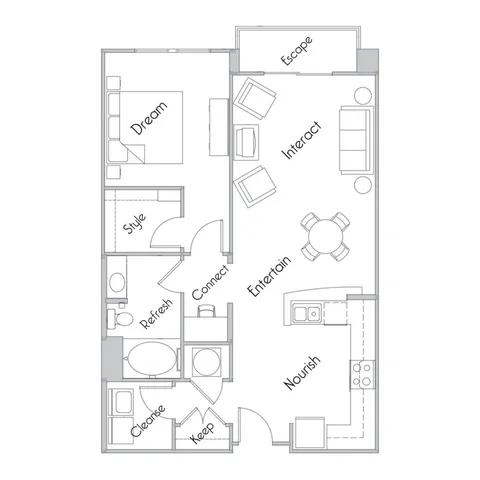 Chic floor plan showcasing a spacious 1-bedroom layout with a stylish living area, modern kitchen, and cozy balcony.
