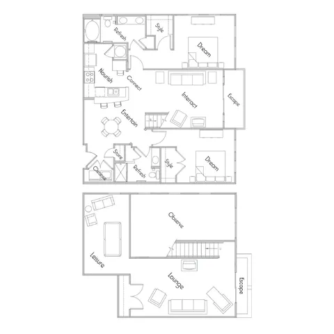 Elegant 2D floor plan highlighting two bedrooms, an open-plan living and dining area, a modern kitchen, and a spacious leisure room.
