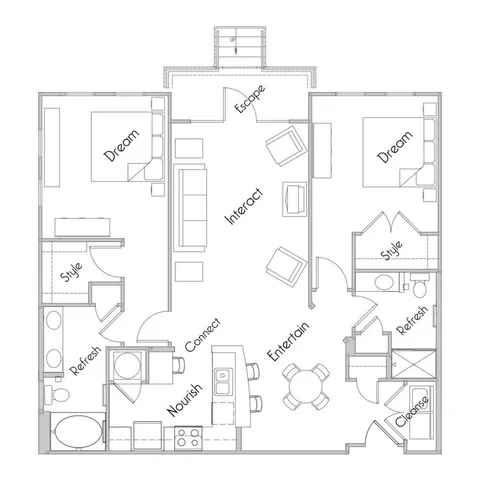Modern 2D floor plan showcasing 2 spacious bedrooms, an inviting living area, stylish kitchen, and elegant bathrooms.