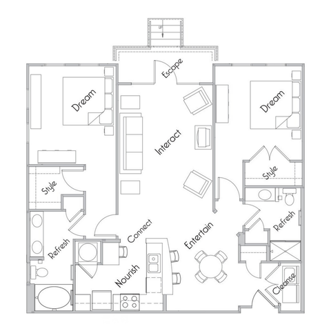 Modern floor plan featuring 2 bedrooms, spacious living and kitchen area, two bathrooms, and inviting entertainment space.